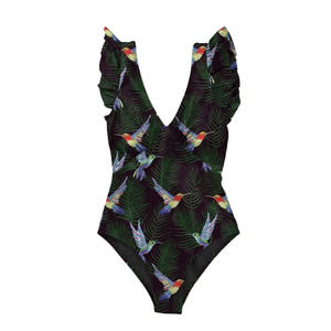 NEW! Averie Kit Plunge One Piece Swimsuit Size Medium Hummingbird Print Black